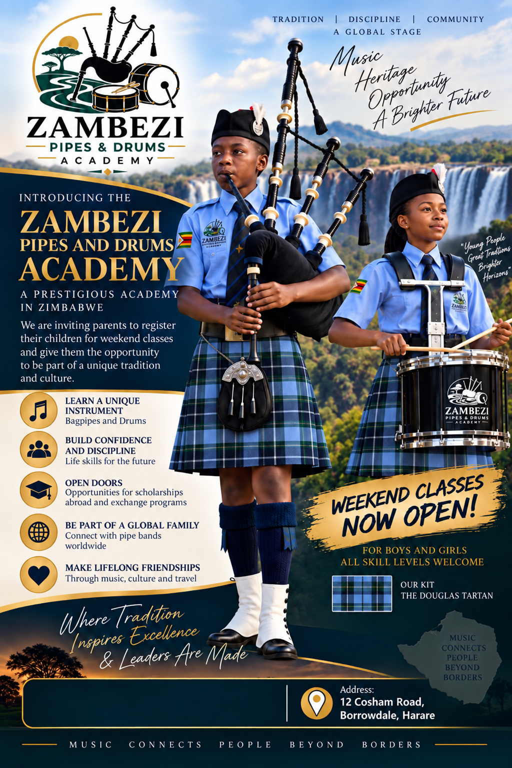 Two young Zambezi Academy musicians wearing Douglas Ancient tartan kilts, with bagpipes and a drum