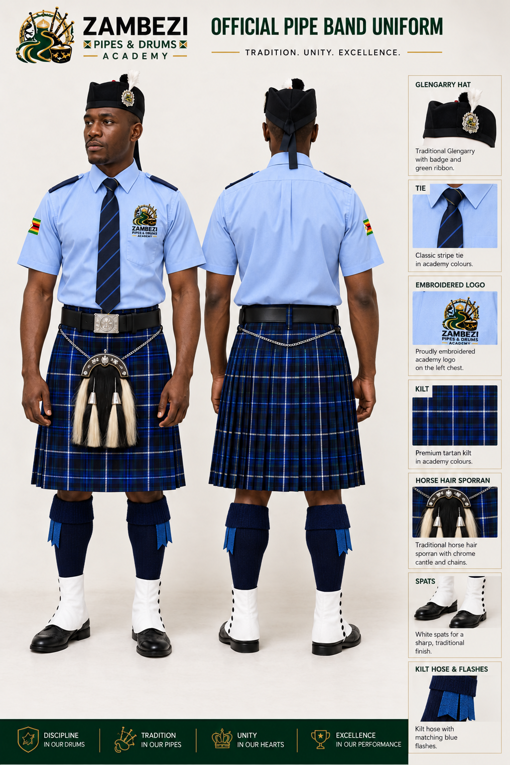 Front and rear view of the Zambezi official pipe band uniform with Douglas Ancient tartan kilts